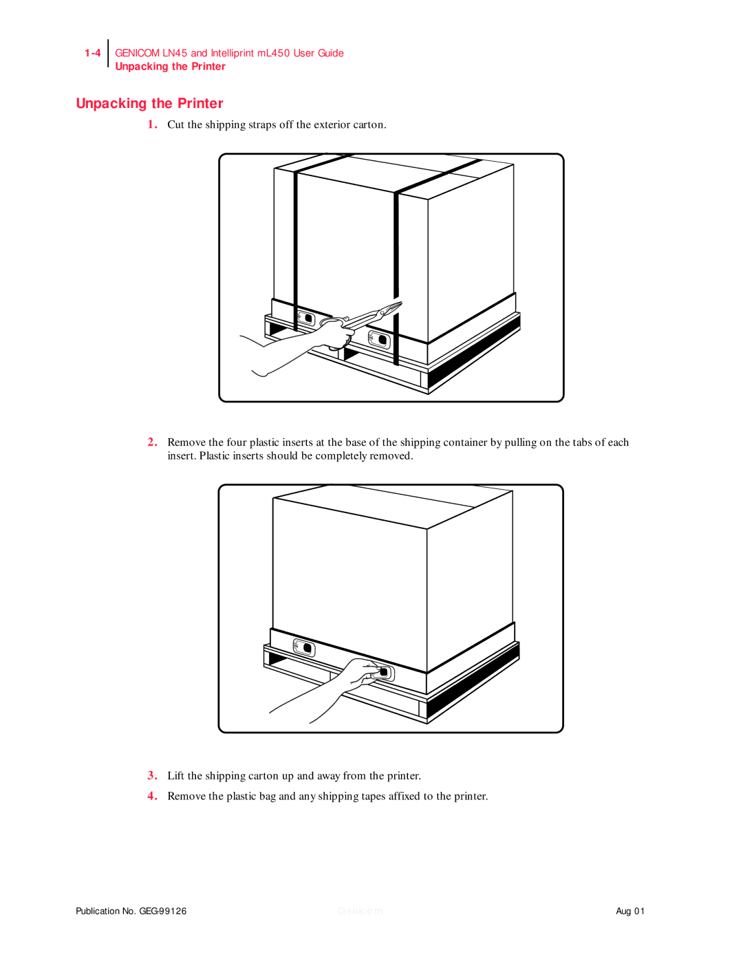 Genicom ML450, LN45 manual Unpacking the Printer 