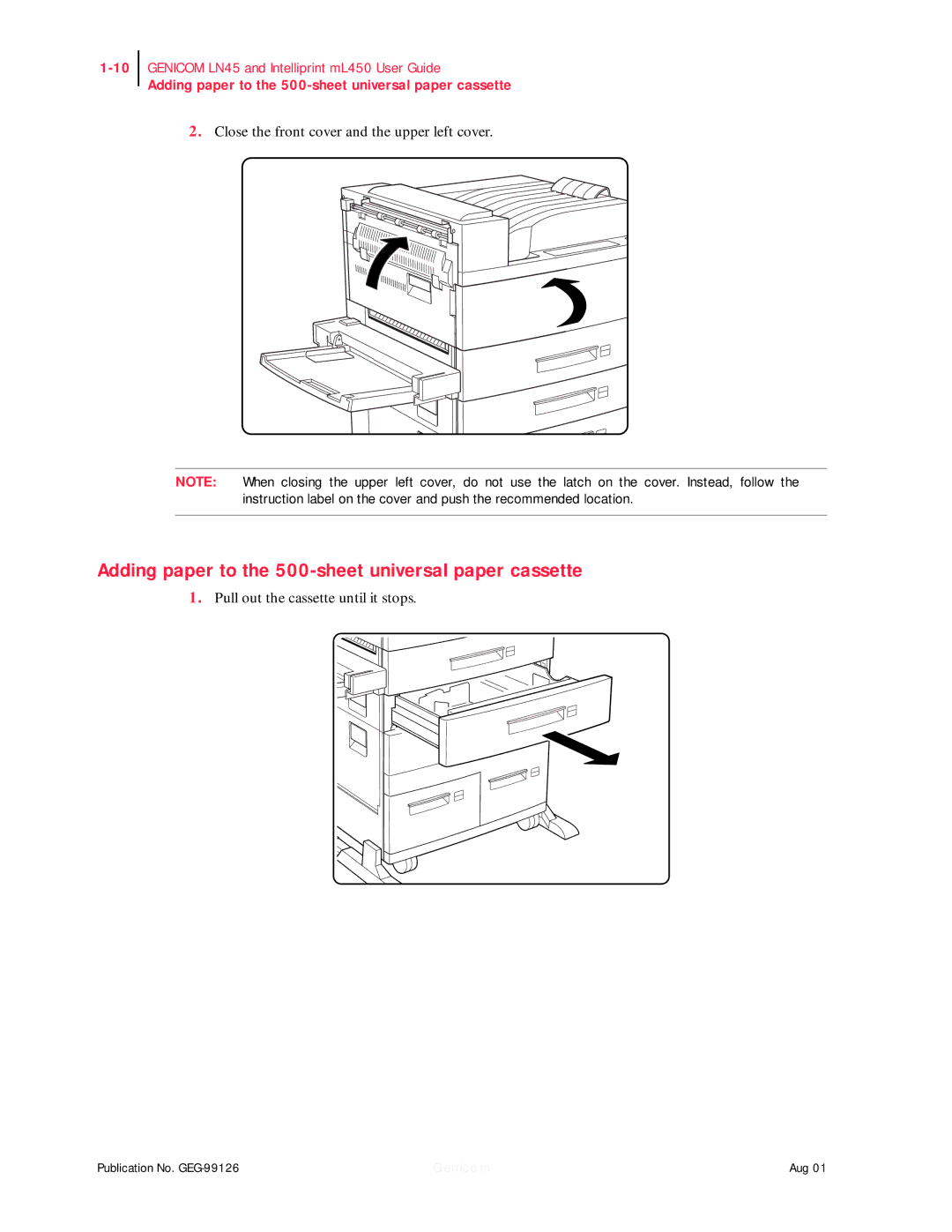 Genicom ML450, LN45 manual Adding paper to the 500-sheet universal paper cassette, Pull out the cassette until it stops 