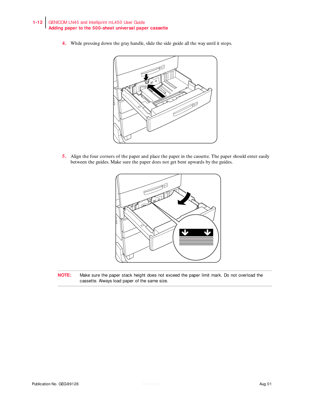 Genicom ML450, LN45 manual Adding paper to the 500-sheet universal paper cassette 