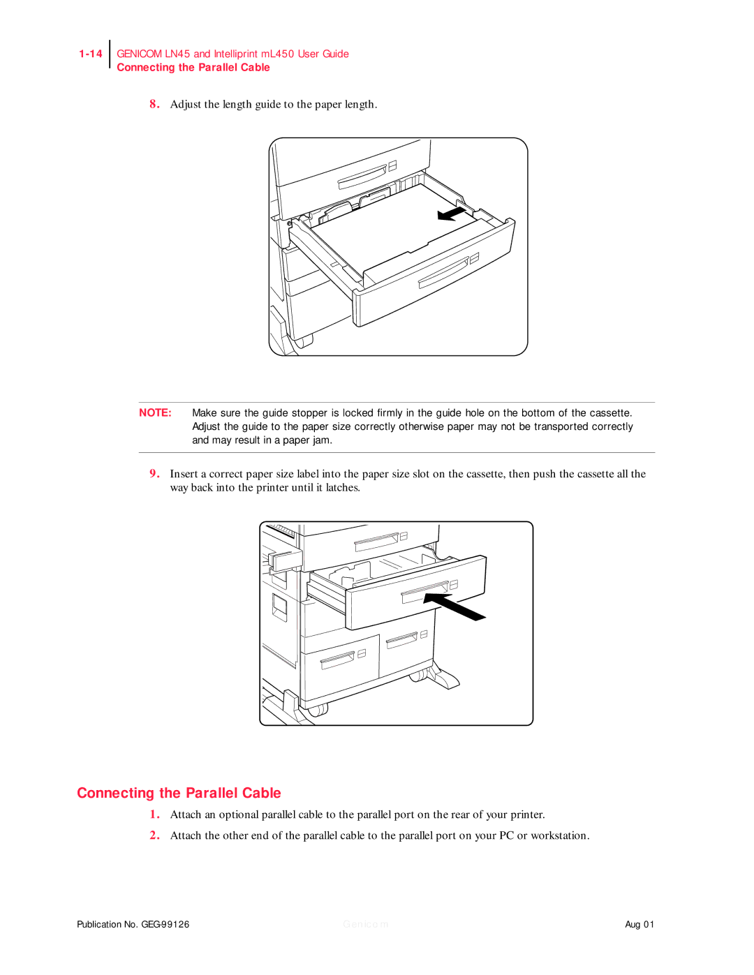 Genicom ML450, LN45 manual Connecting the Parallel Cable 