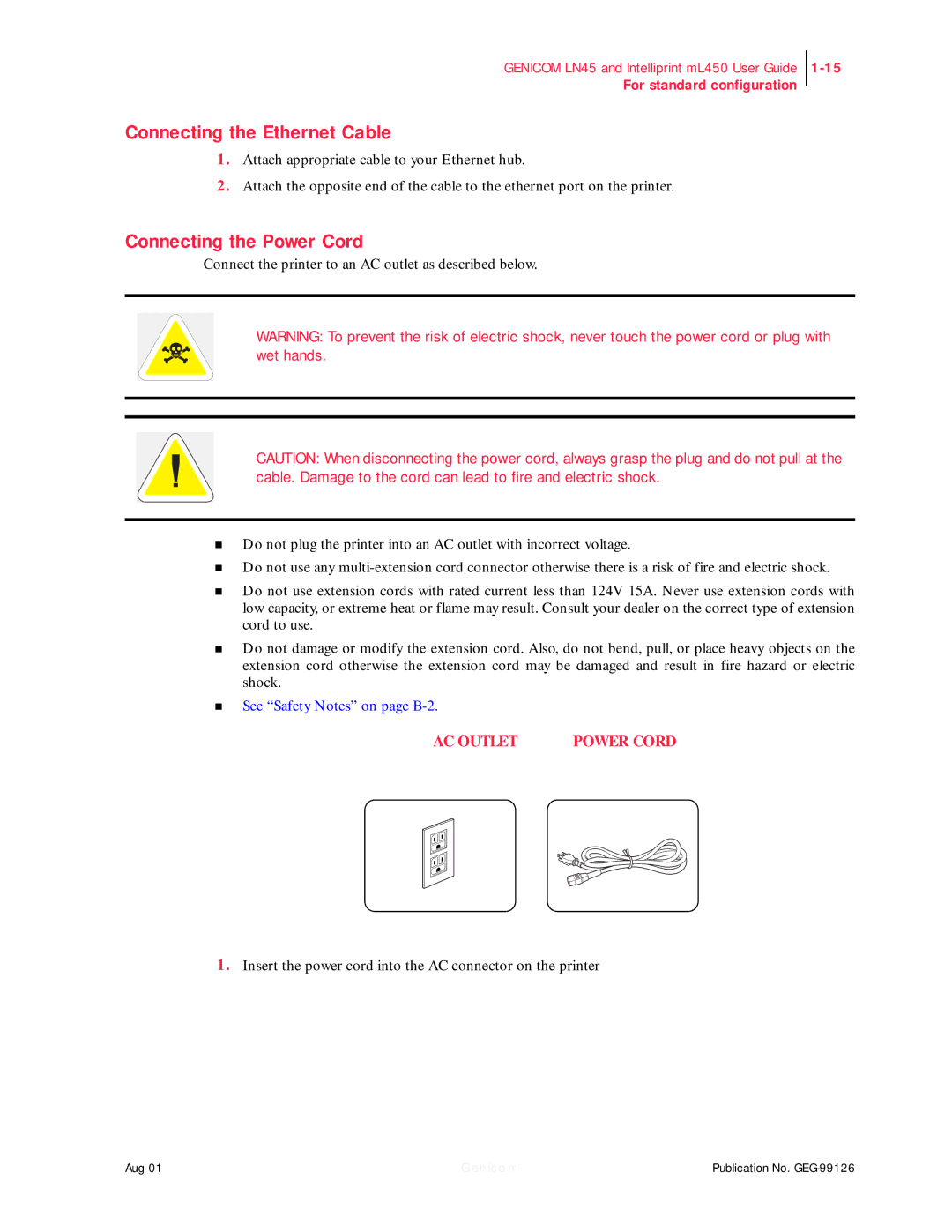 Genicom LN45, ML450 manual Connecting the Ethernet Cable, Connecting the Power Cord 