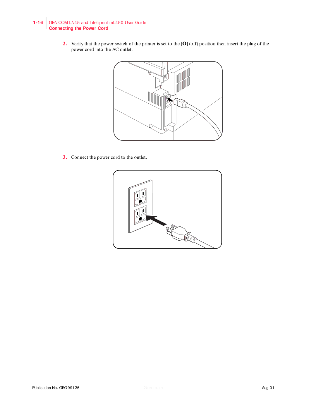 Genicom ML450, LN45 manual Connecting the Power Cord 