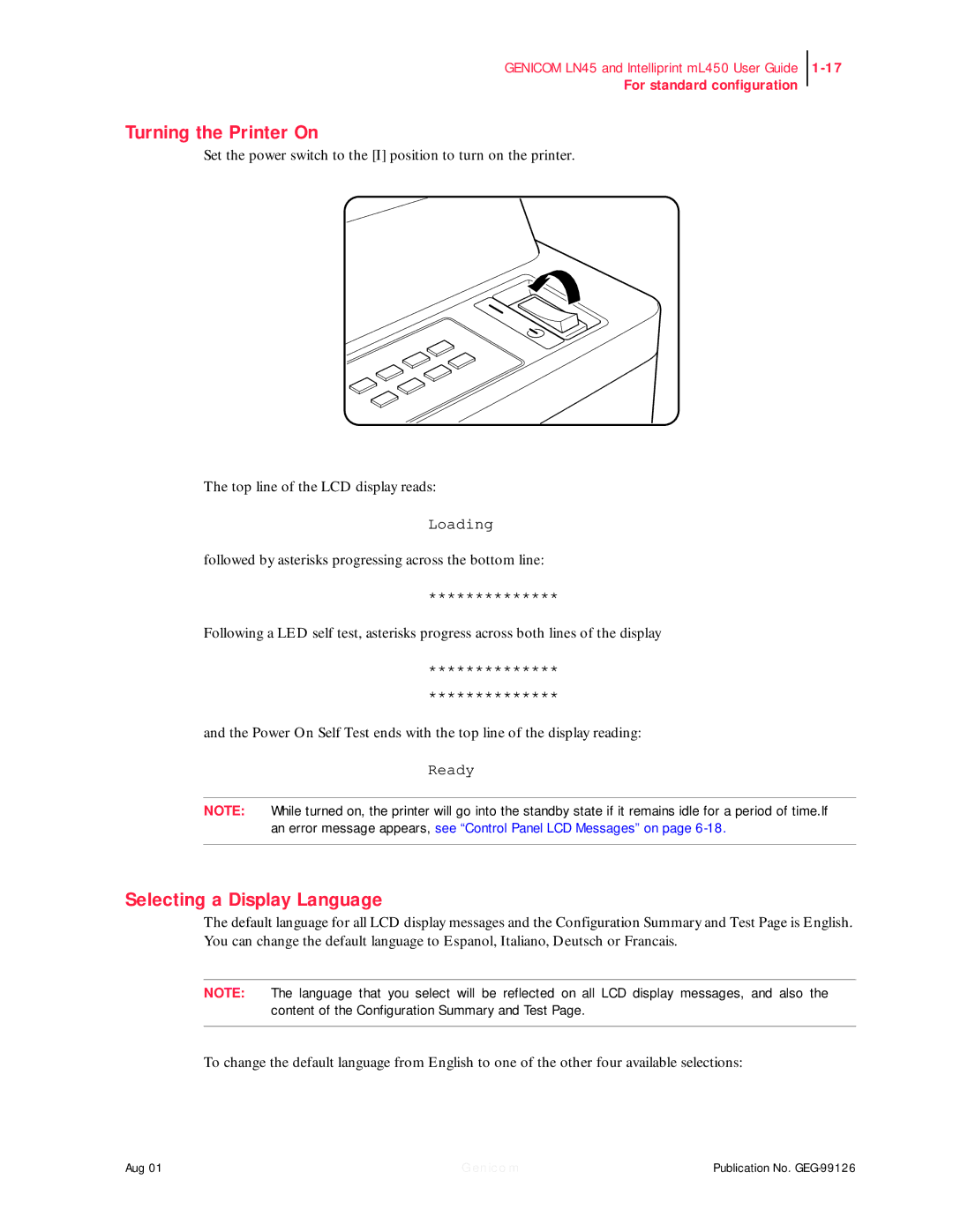 Genicom LN45, ML450 manual Turning the Printer On, Selecting a Display Language 