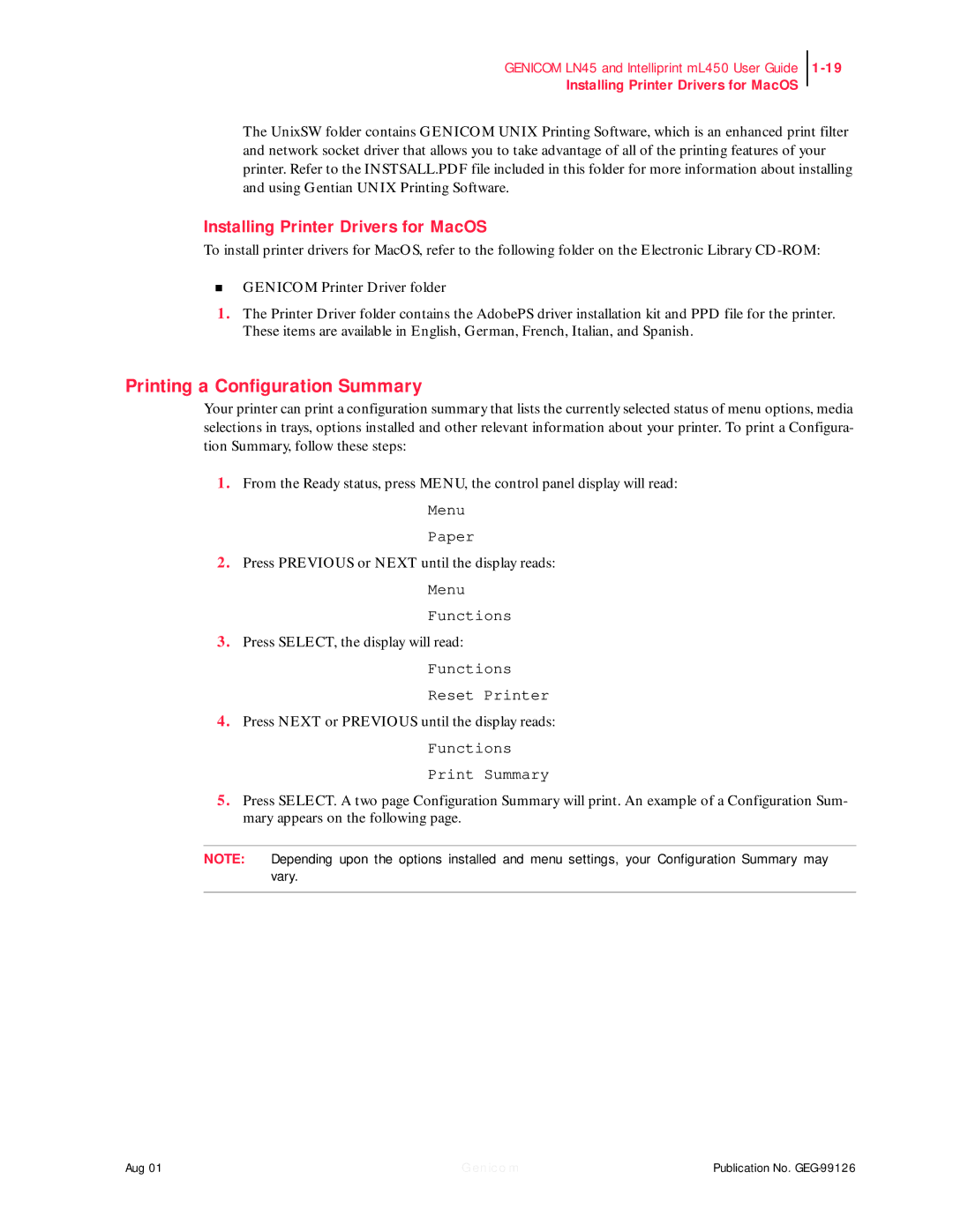 Genicom LN45, ML450 manual Printing a Configuration Summary, Installing Printer Drivers for MacOS 