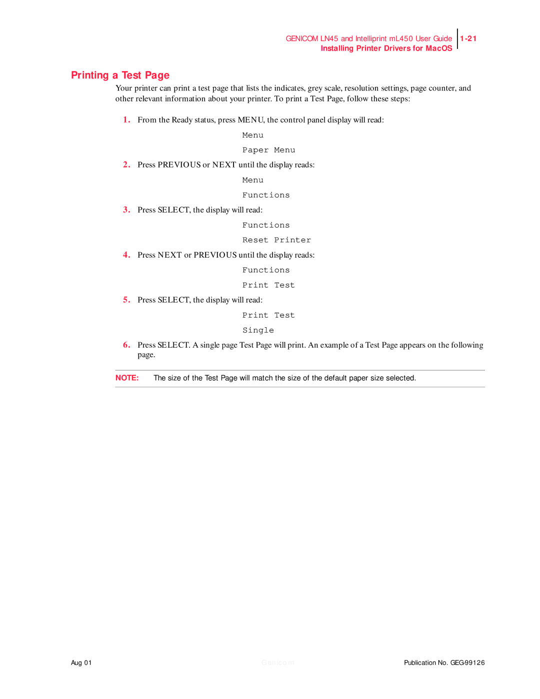 Genicom LN45, ML450 manual Printing a Test 