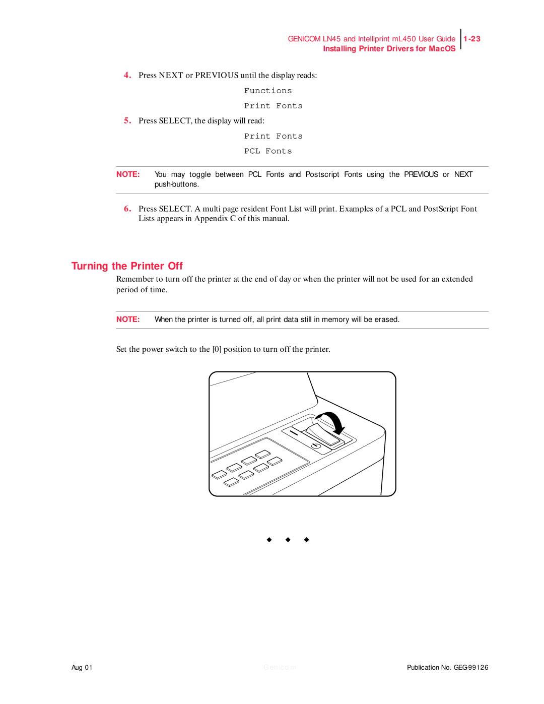 Genicom LN45, ML450 manual Turning the Printer Off 