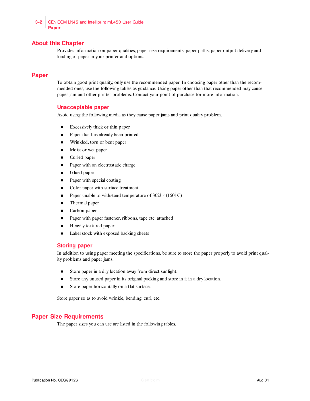 Genicom ML450, LN45 manual Paper Size Requirements, Unacceptable paper, Storing paper 