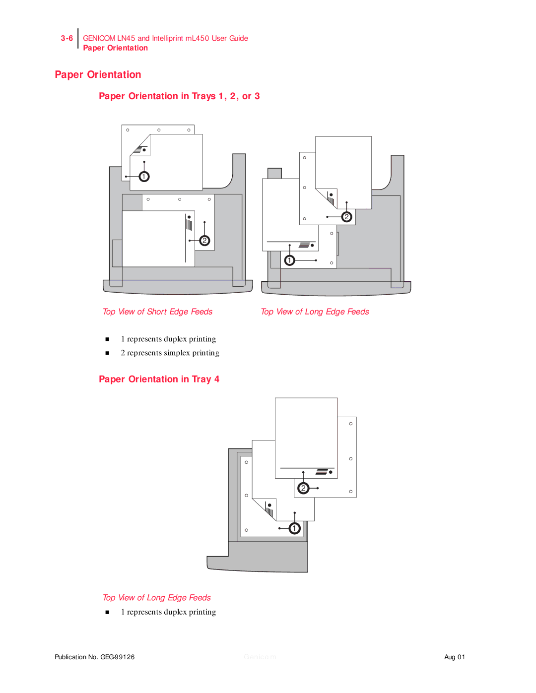 Genicom ML450, LN45 manual Paper Orientation in Trays 1, 2, or 