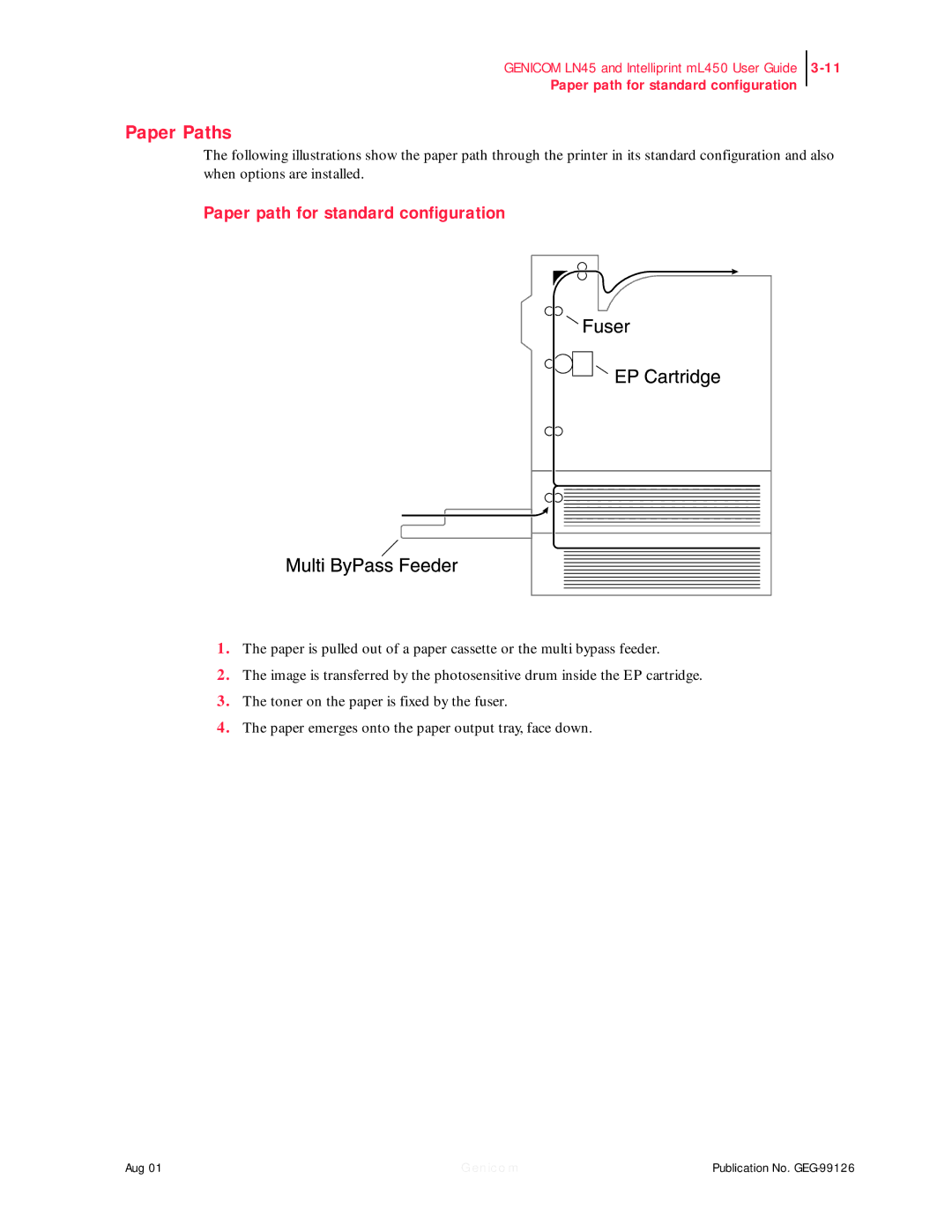 Genicom LN45, ML450 manual Paper Paths, Paper path for standard configuration 