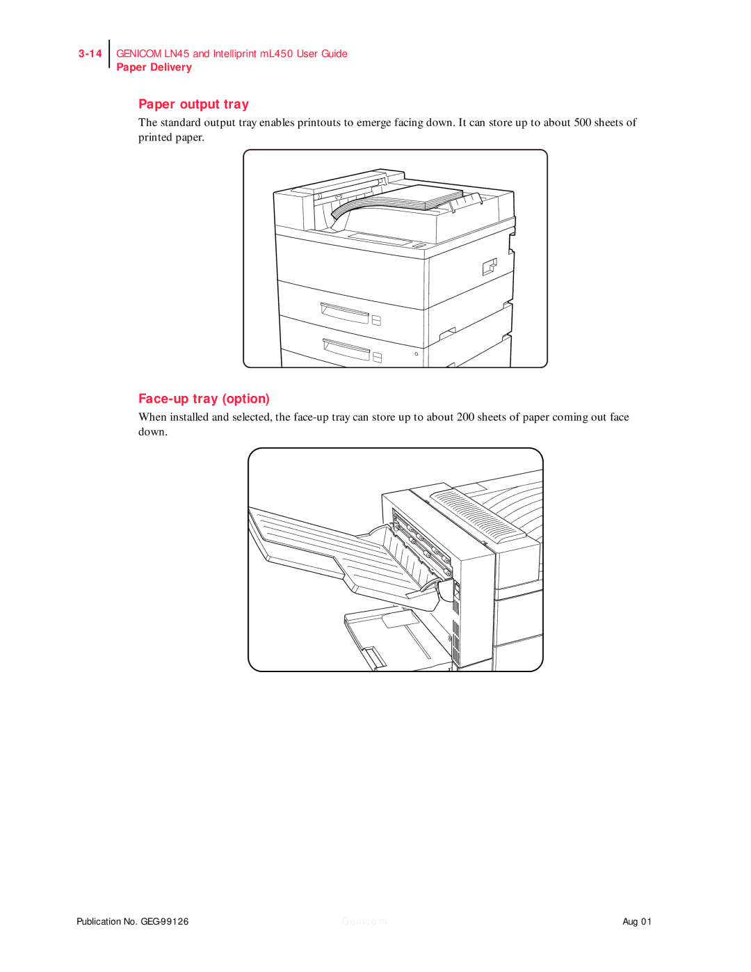 Genicom ML450, LN45 manual Paper output tray, Face-up tray option 