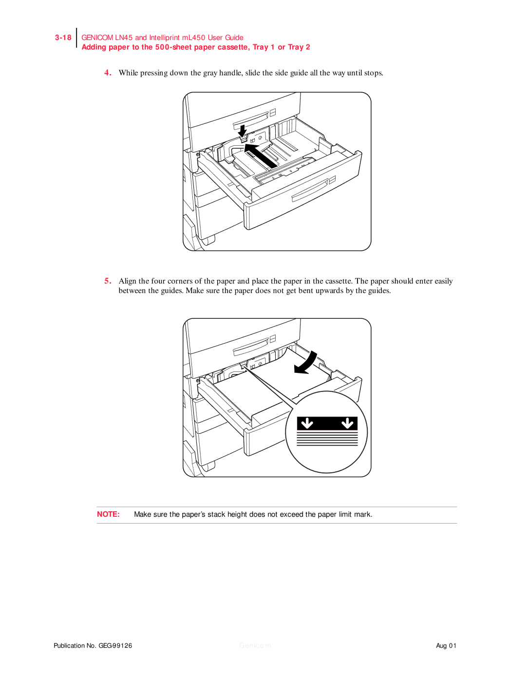 Genicom ML450, LN45 manual Adding paper to the 500-sheet paper cassette, Tray 1 or Tray 