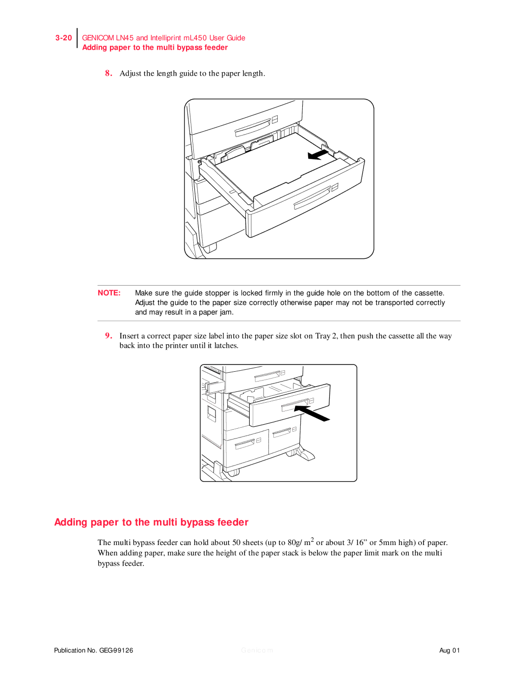 Genicom ML450, LN45 manual Adding paper to the multi bypass feeder 