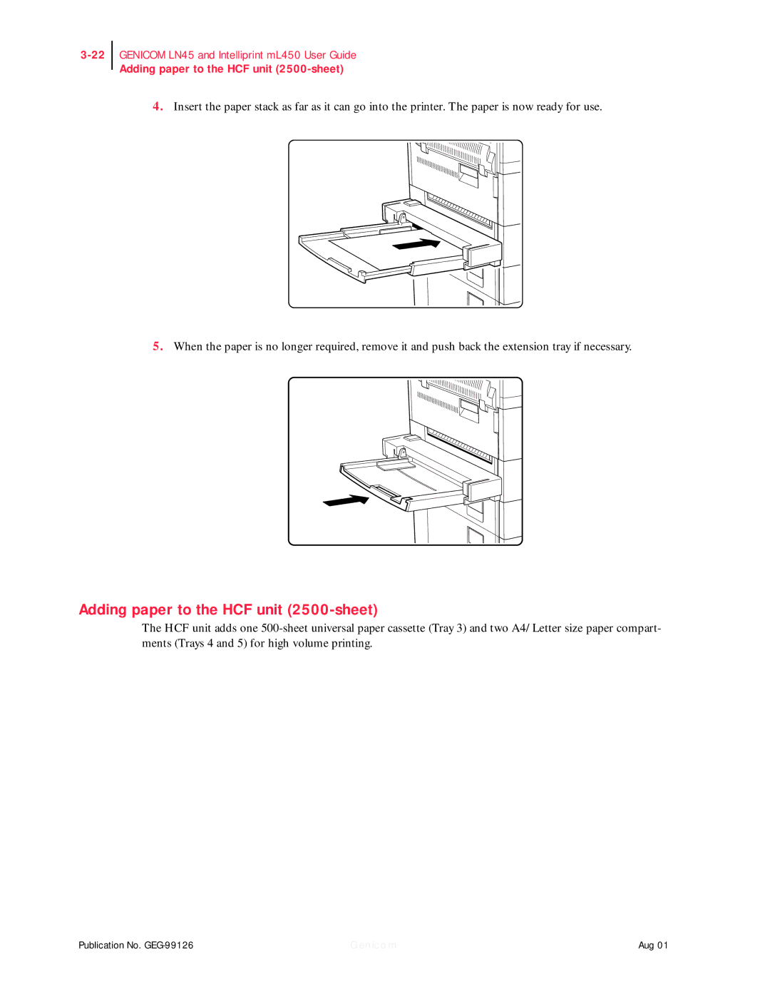 Genicom ML450, LN45 manual Adding paper to the HCF unit 2500-sheet 