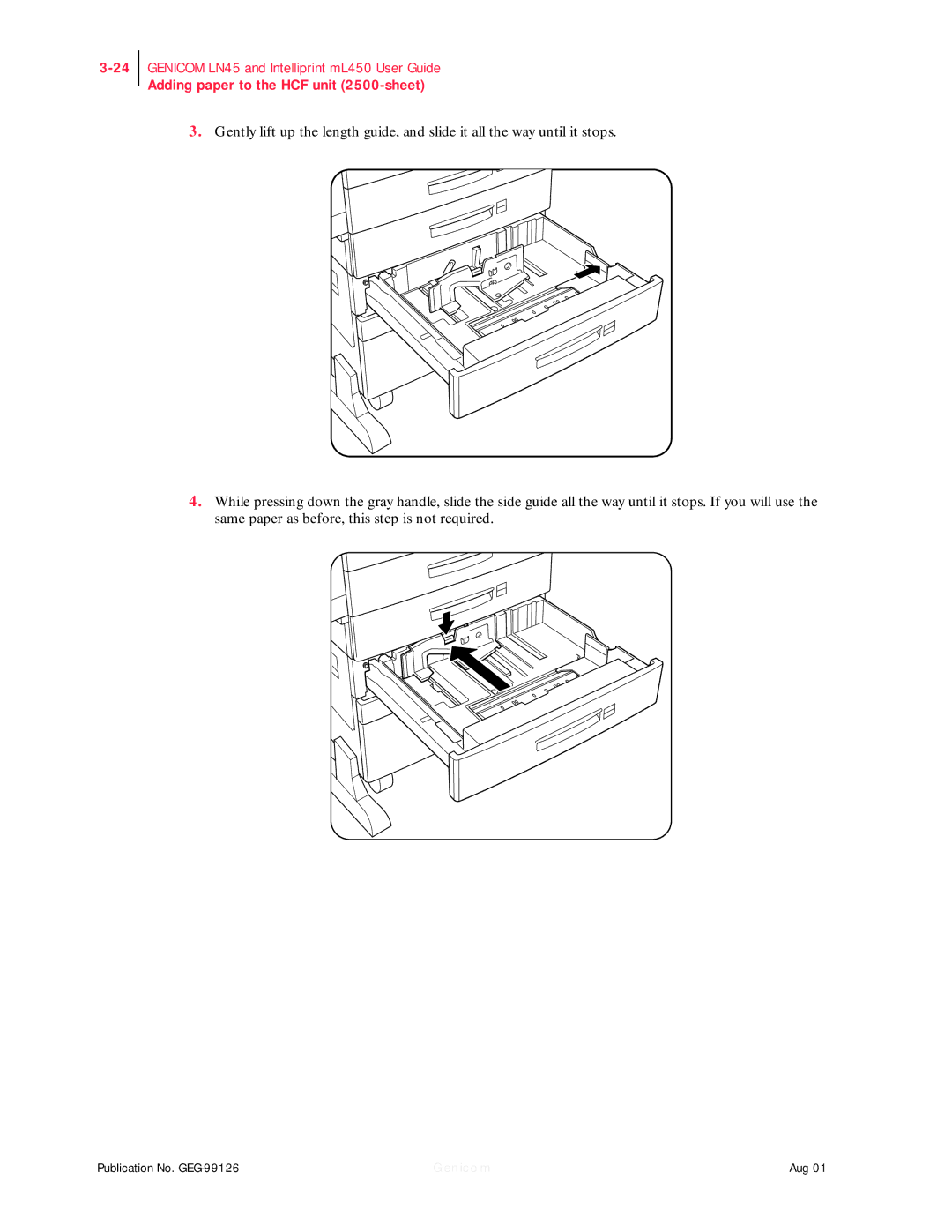 Genicom ML450, LN45 manual Adding paper to the HCF unit 2500-sheet 