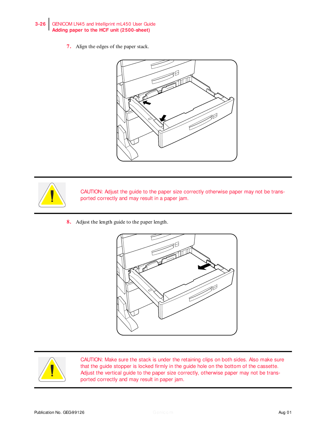 Genicom ML450, LN45 manual Adding paper to the HCF unit 2500-sheet 