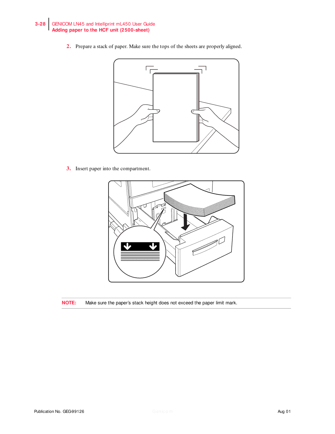 Genicom ML450, LN45 manual Adding paper to the HCF unit 2500-sheet 