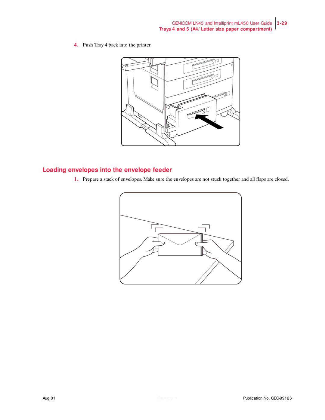 Genicom LN45, ML450 manual Loading envelopes into the envelope feeder 