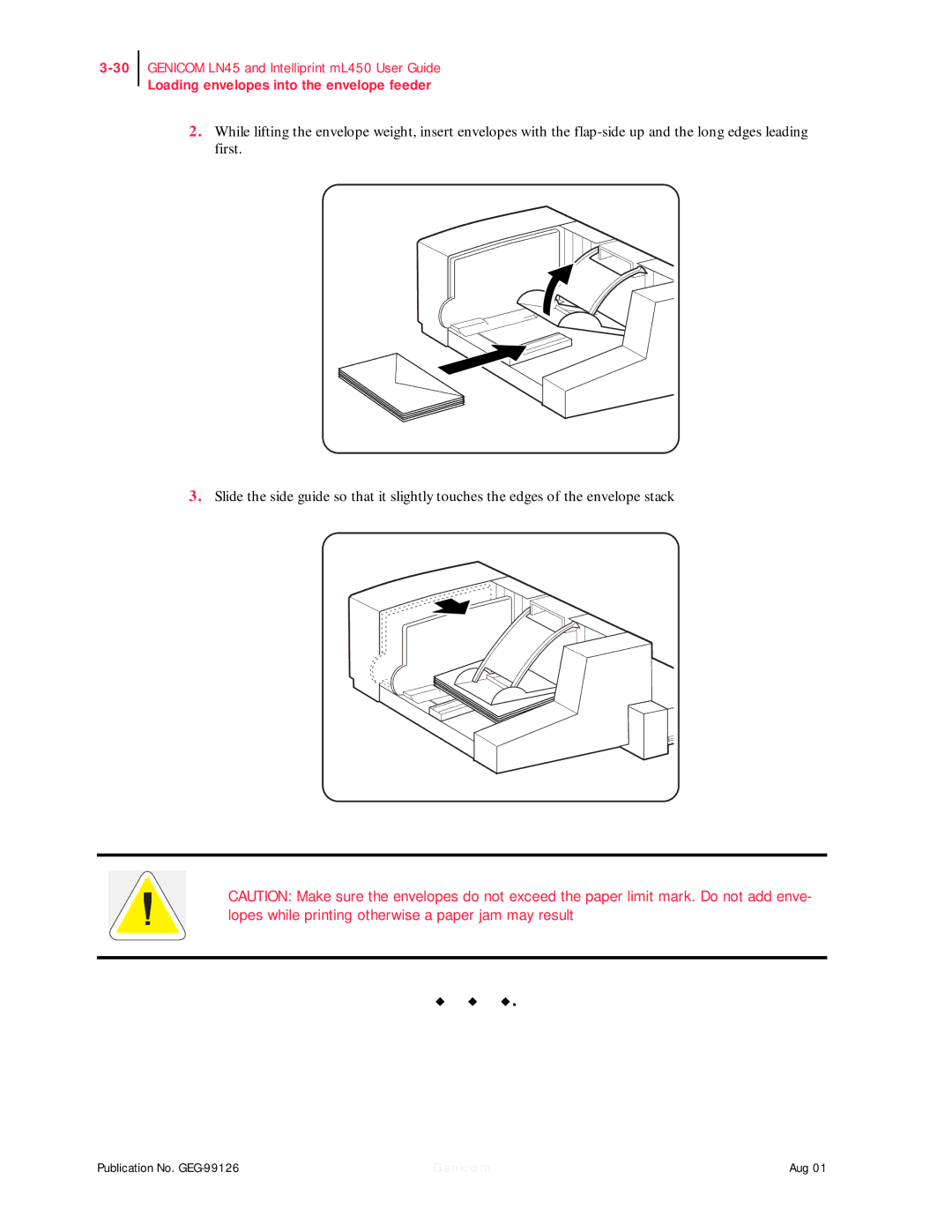 Genicom ML450, LN45 manual Loading envelopes into the envelope feeder 