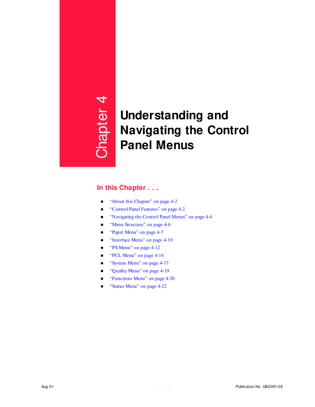 Genicom LN45, ML450 manual Understanding Navigating the Control Panel Menus 