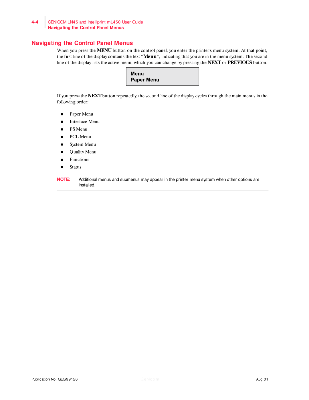 Genicom ML450, LN45 manual Navigating the Control Panel Menus, Menu Paper Menu 