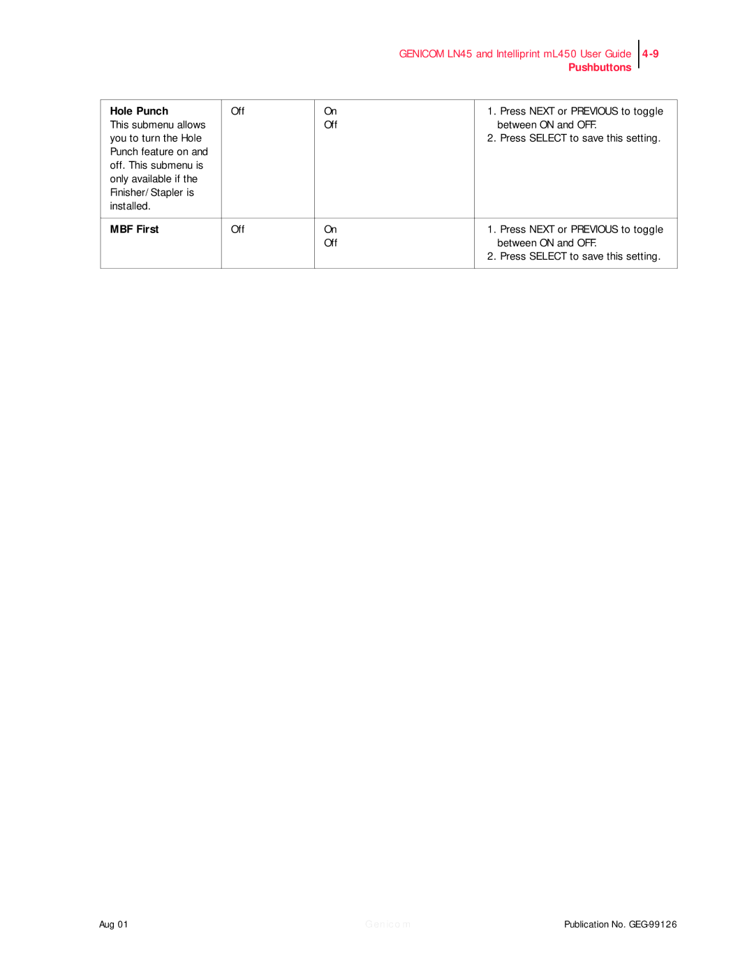 Genicom LN45, ML450 manual Hole Punch, MBF First 