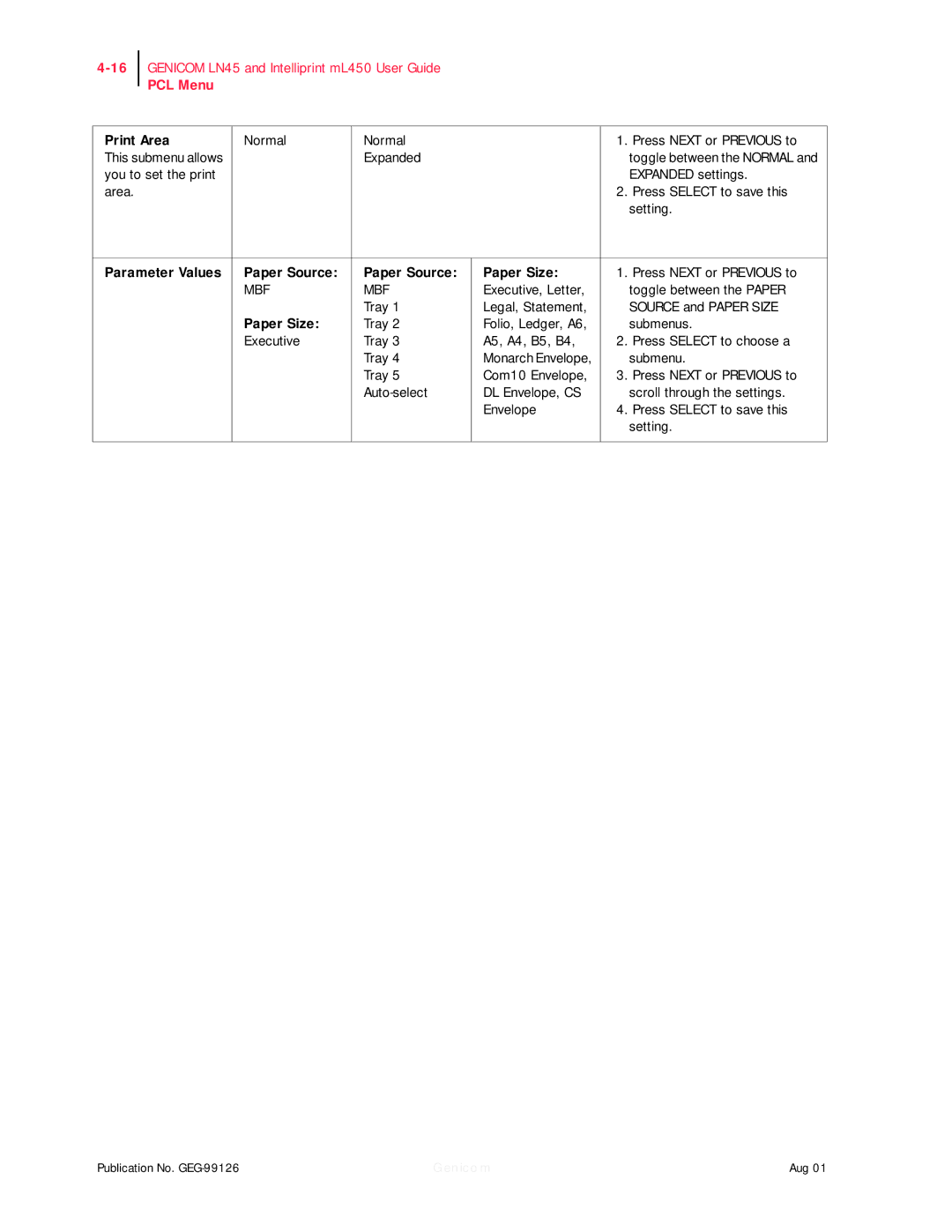 Genicom ML450, LN45 manual Print Area, Parameter Values Paper Source Paper Size 