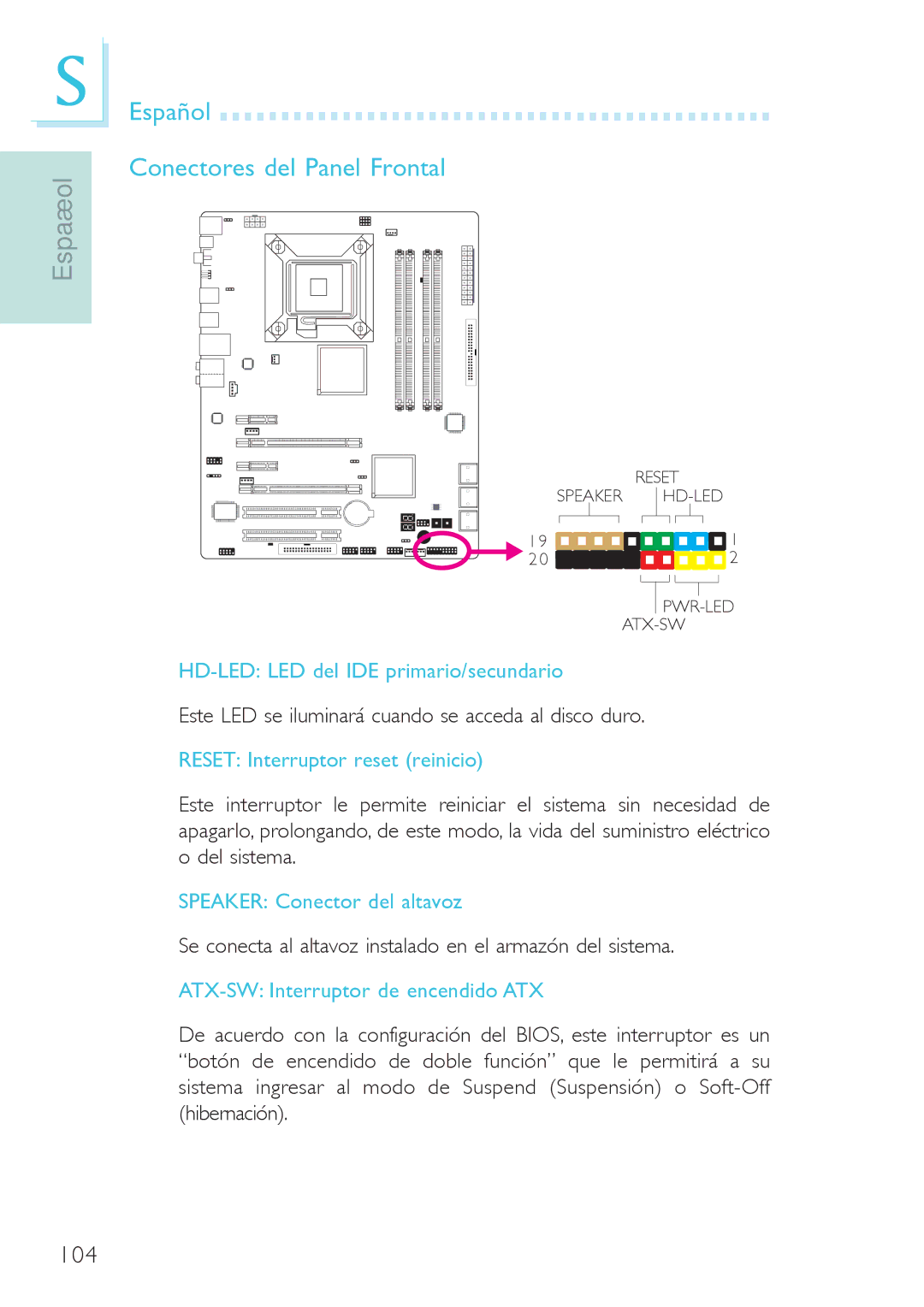 Genicom P45 Español Conectores del Panel Frontal, HD-LED LED del IDE primario/secundario, Reset Interruptor reset reinicio 