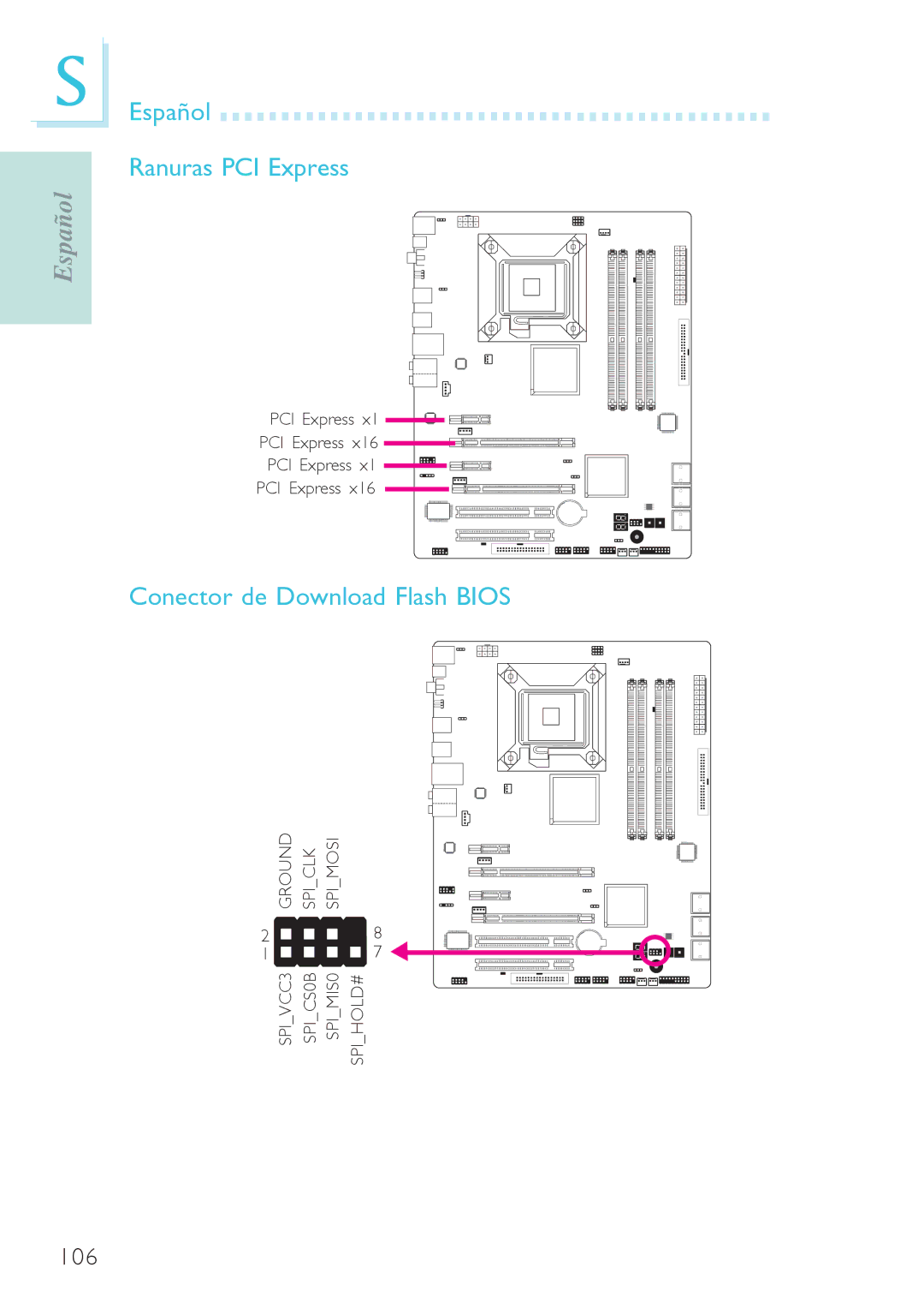 Genicom P45 user manual Español Ranuras PCI Express, Conector de Download Flash Bios 