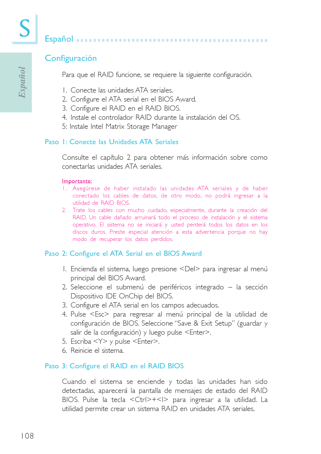 Genicom P45 Español Configuración, Paso 1 Conecte las Unidades ATA Seriales, Paso 3 Configure el RAID en el RAID Bios 