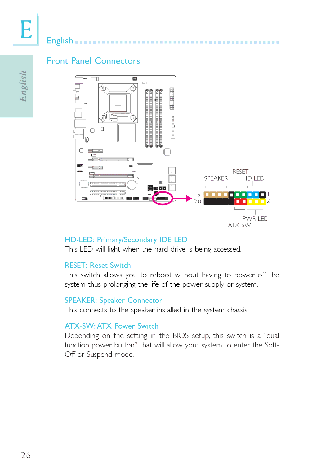 Genicom P45 English Front Panel Connectors, HD-LED Primary/Secondary IDE LED, Reset Reset Switch, ATX-SW ATX Power Switch 