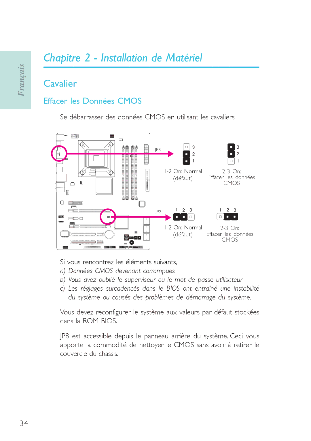 Genicom P45 user manual Chapitre 2 Installation de Matériel, Cavalier, Effacer les Données Cmos 