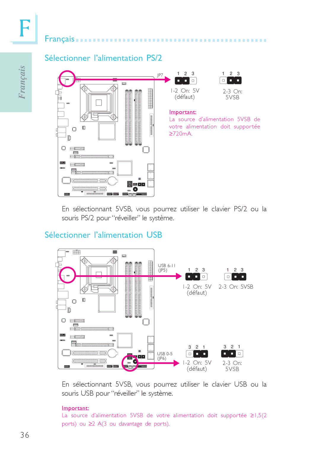 Genicom P45 user manual Français Sélectionner l’alimentation PS/2, Sélectionner l’alimentation USB 