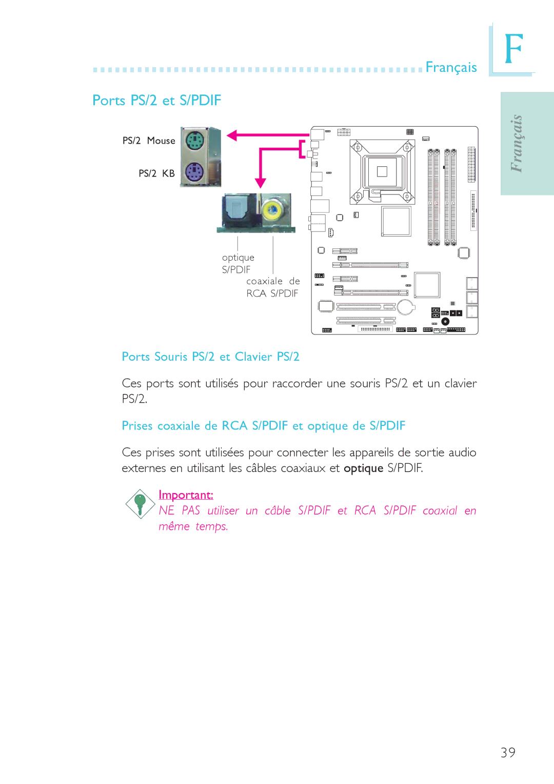 Genicom P45 user manual Français Ports PS/2 et S/PDIF, Ports Souris PS/2 et Clavier PS/2 