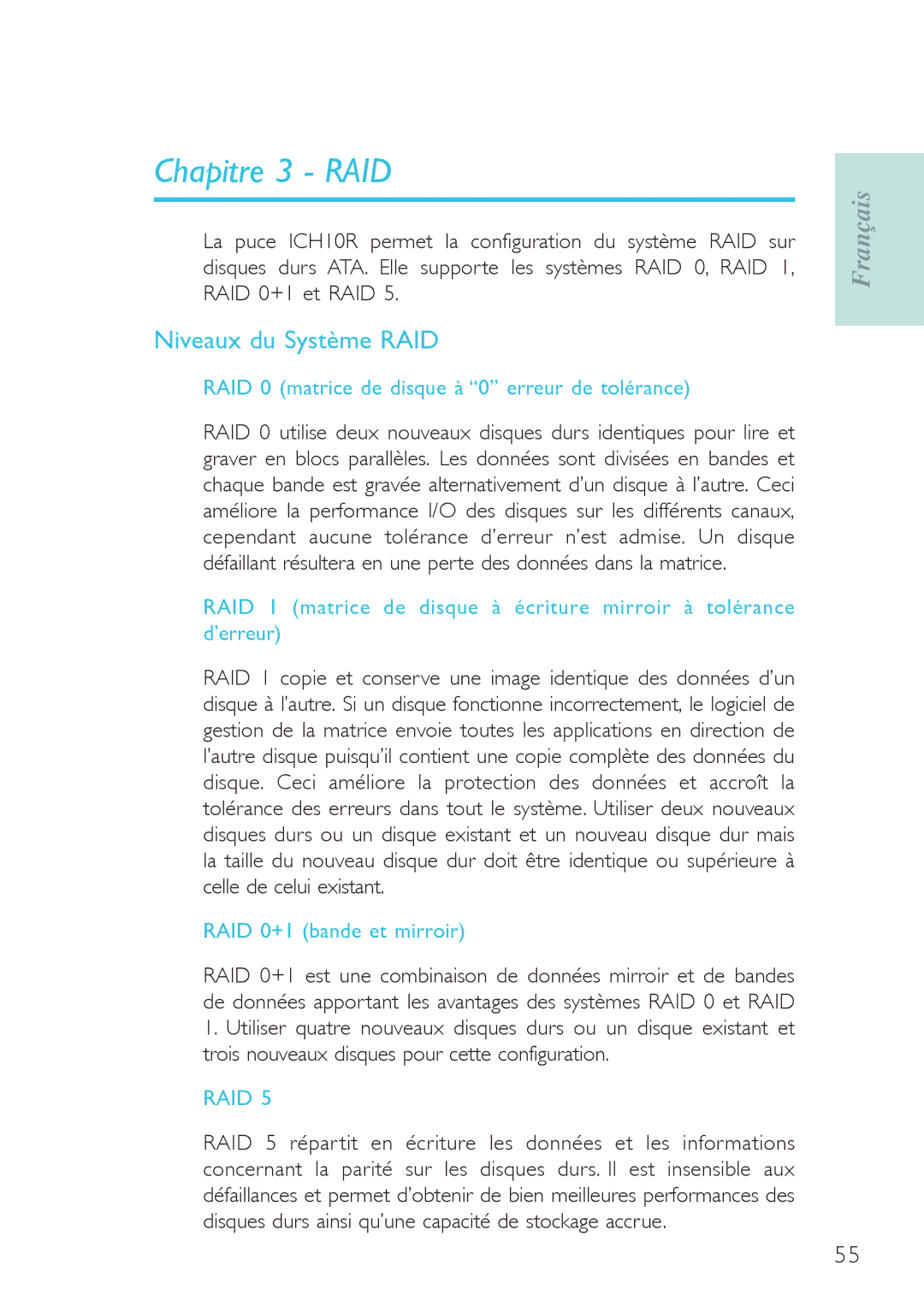 Genicom P45 user manual Chapitre 3 RAID, Niveaux du Système RAID, RAID 0 matrice de disque à 0 erreur de tolérance 