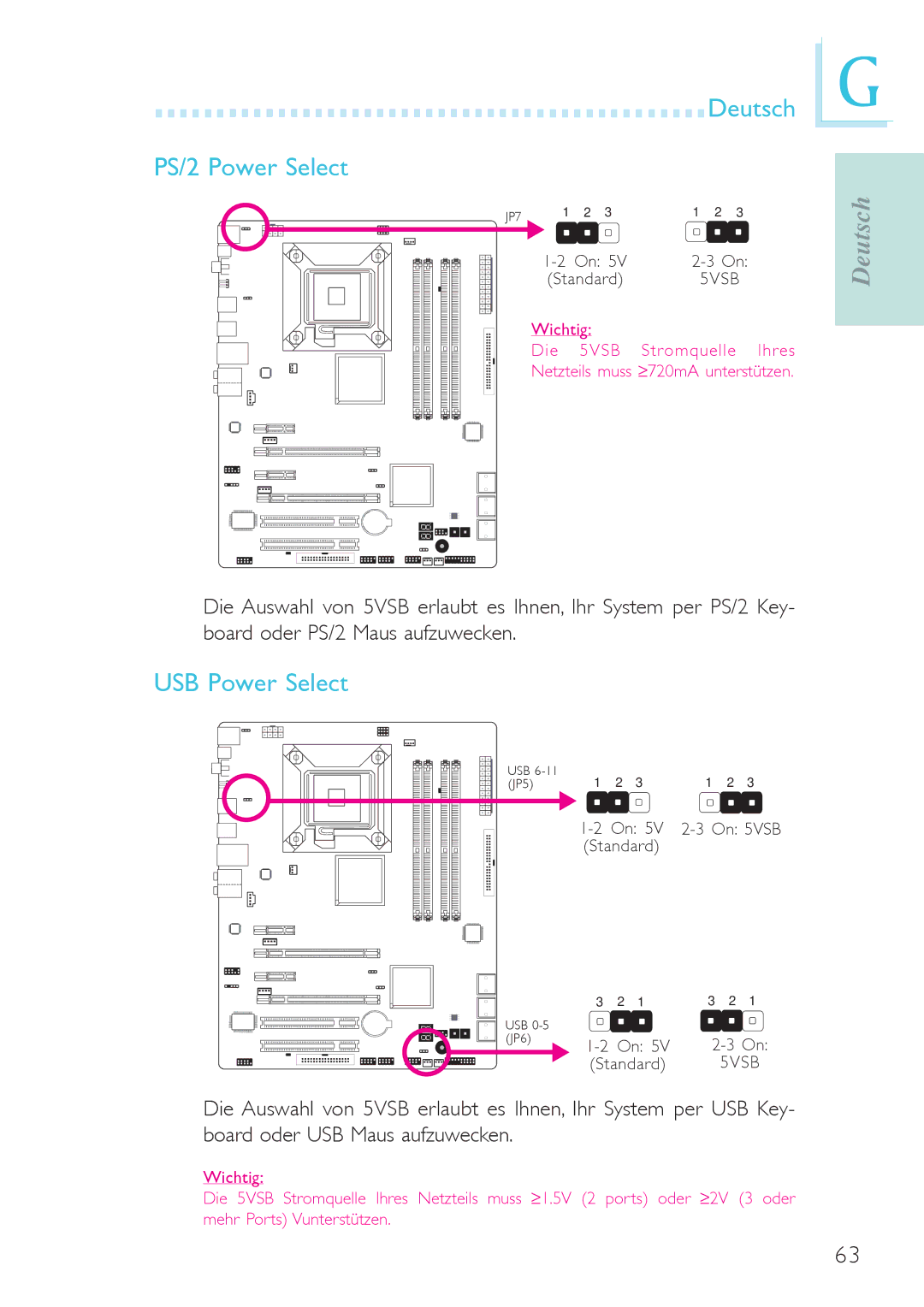 Genicom P45 user manual Deutsch PS/2 Power Select, USB Power Select 