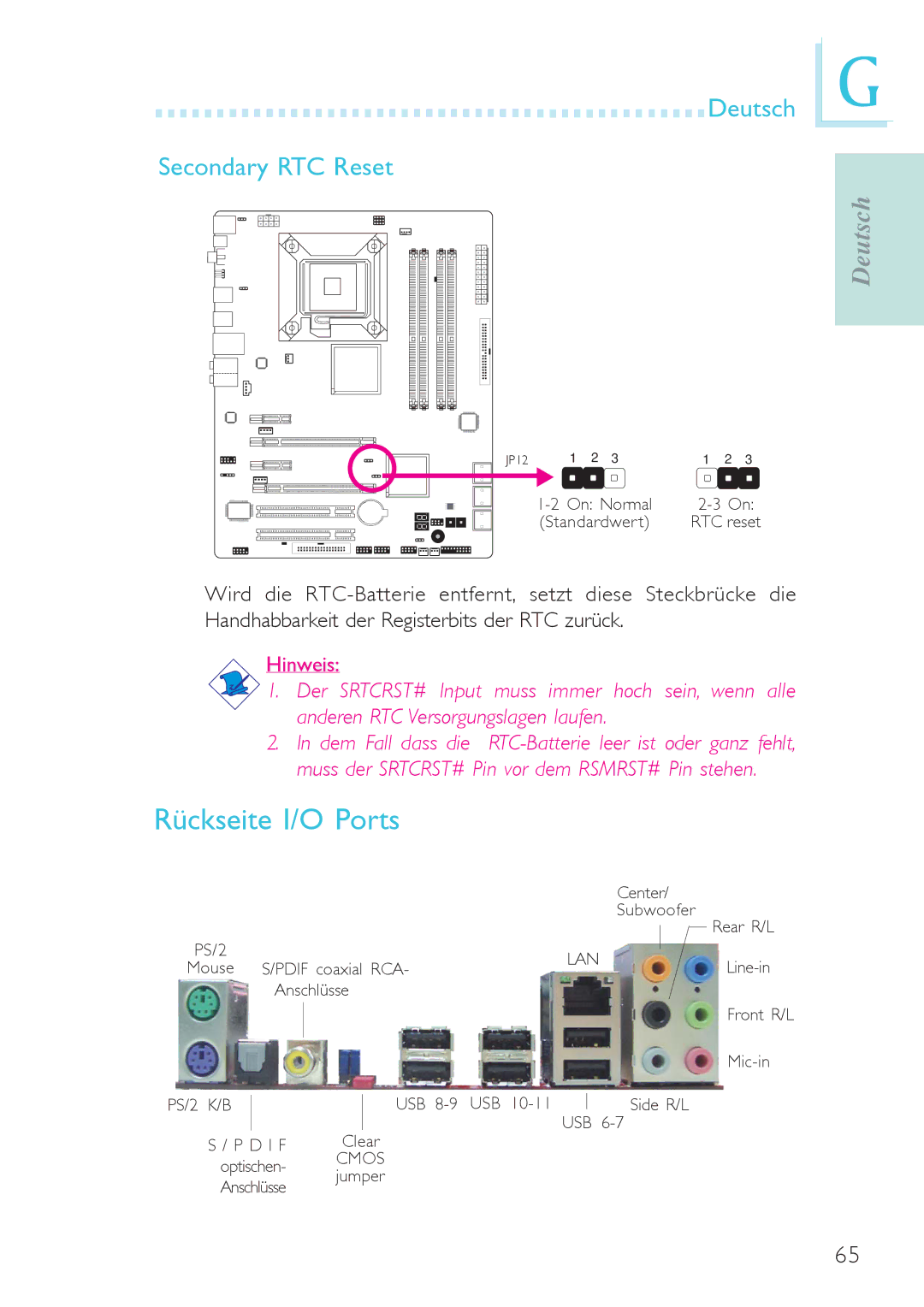 Genicom P45 user manual Rückseite I/O Ports, Deutsch Secondary RTC Reset 