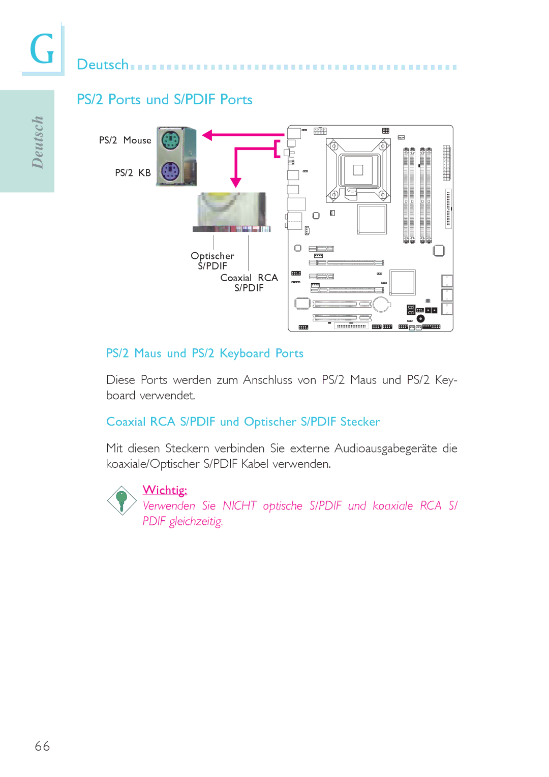 Genicom P45 user manual Deutsch PS/2 Ports und S/PDIF Ports, PS/2 Maus und PS/2 Keyboard Ports 