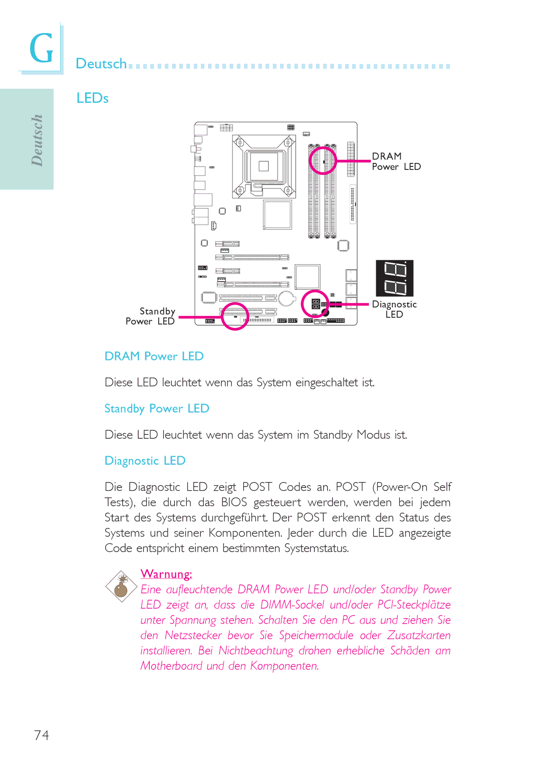 Genicom P45 user manual Deutsch LEDs, Dram Power LED 