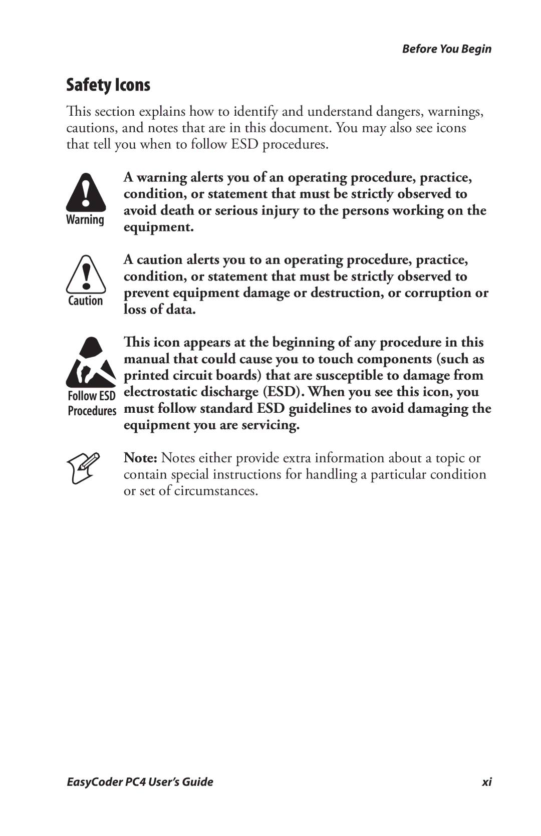 Genicom PC4 manual Safety Icons 