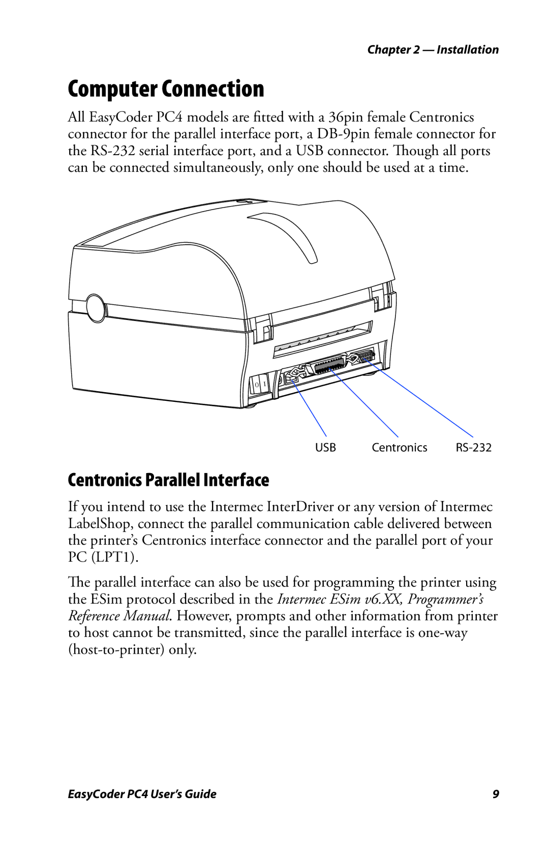 Genicom PC4 manual Computer Connection, Centronics Parallel Interface 