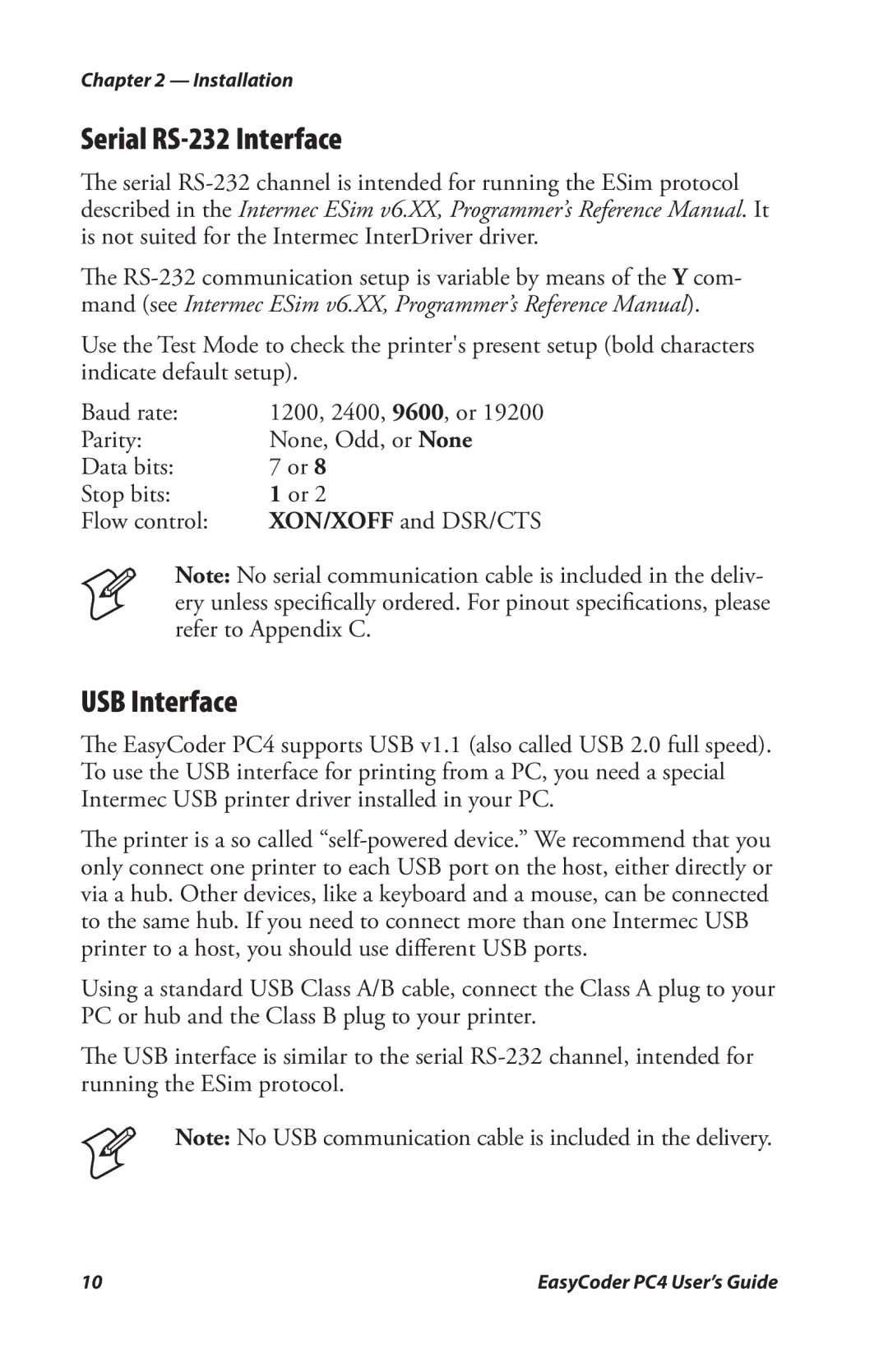 Genicom PC4 manual Serial RS-232 Interface, USB Interface 