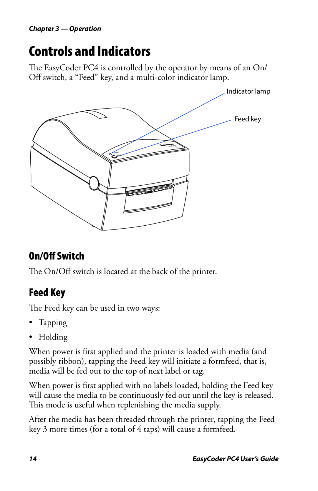 Genicom PC4 manual Controls and Indicators, On/Oﬀ Switch, Feed Key 