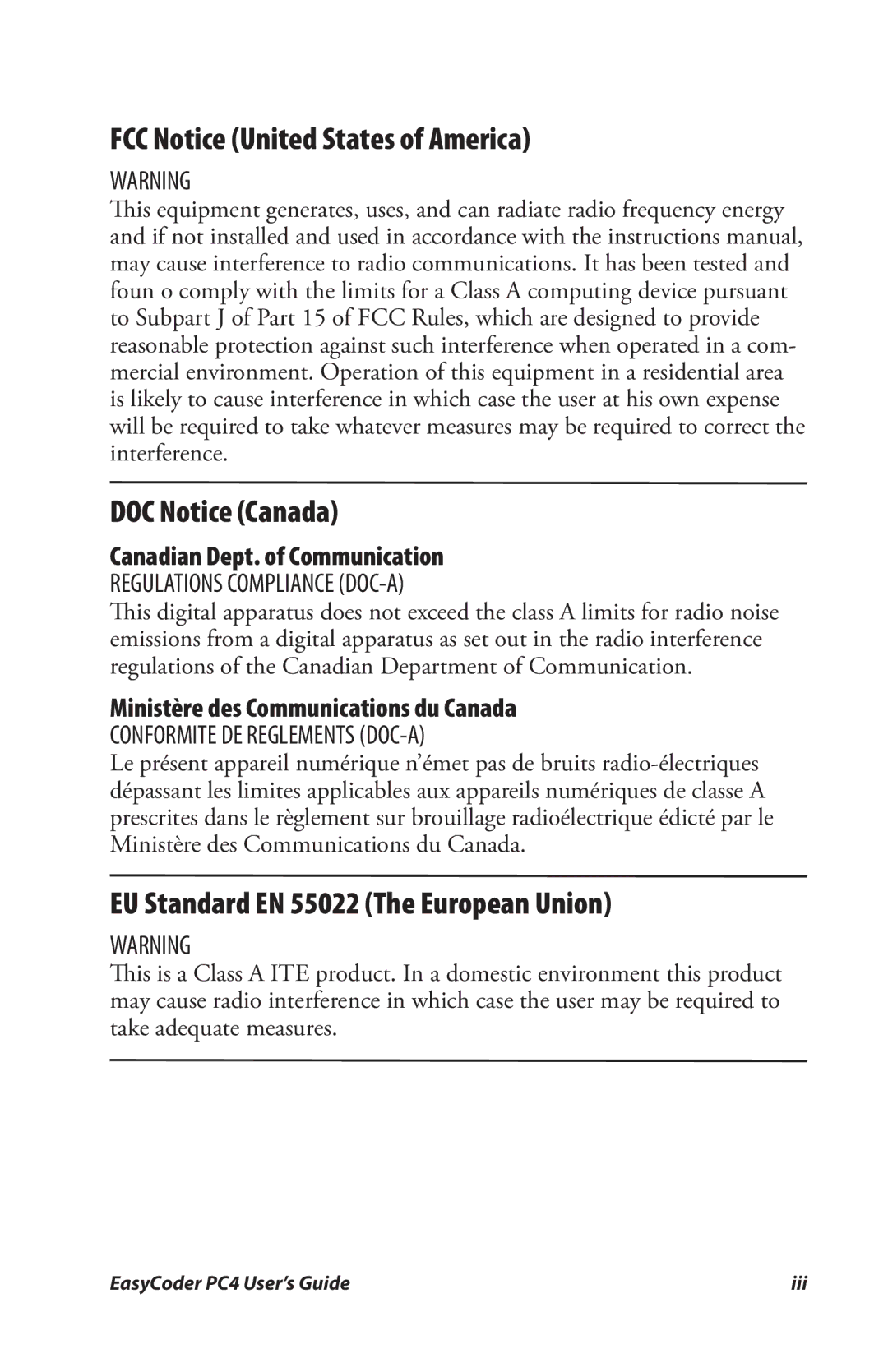 Genicom PC4 manual FCC Notice United States of America, DOC Notice Canada, EU Standard EN 55022 The European Union 