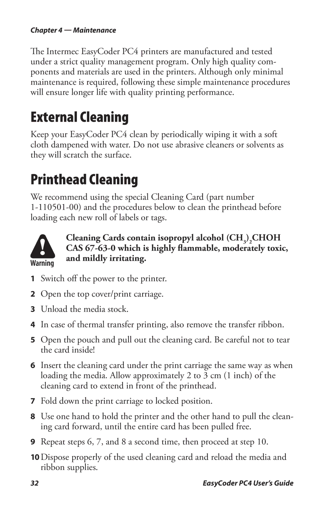 Genicom PC4 manual External Cleaning, Printhead Cleaning 