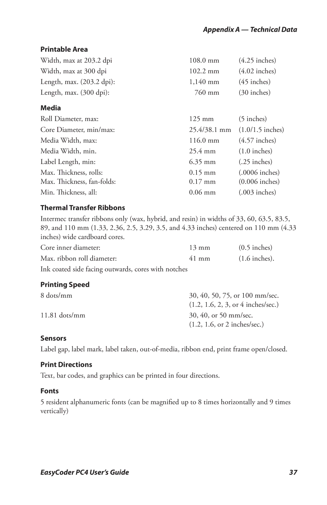 Genicom PC4 manual Printable Area, Media, Thermal Transfer Ribbons, Printing Speed, Sensors, Print Directions Fonts 