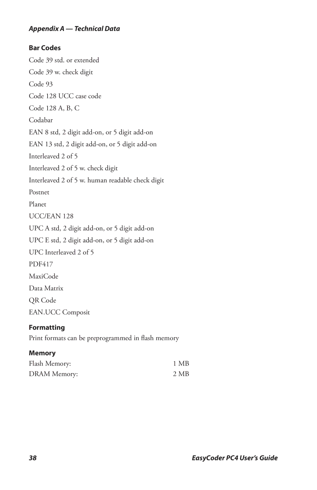 Genicom PC4 manual Bar Codes, Formatting, Memory 