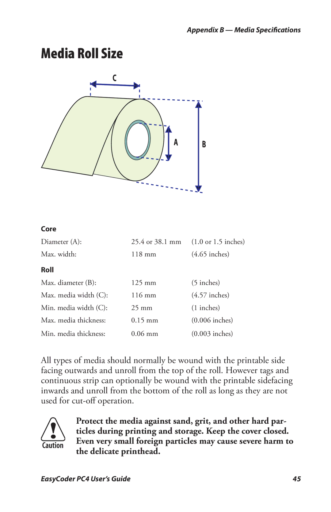 Genicom PC4 manual Media Roll Size, Core 