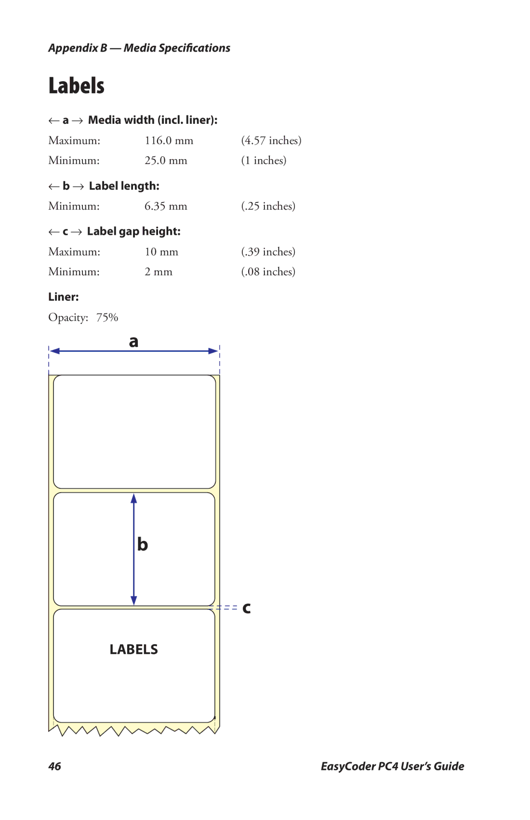 Genicom PC4 manual Labels, ← a → Media width incl. liner, ← b → Label length, ← c → Label gap height, Liner 