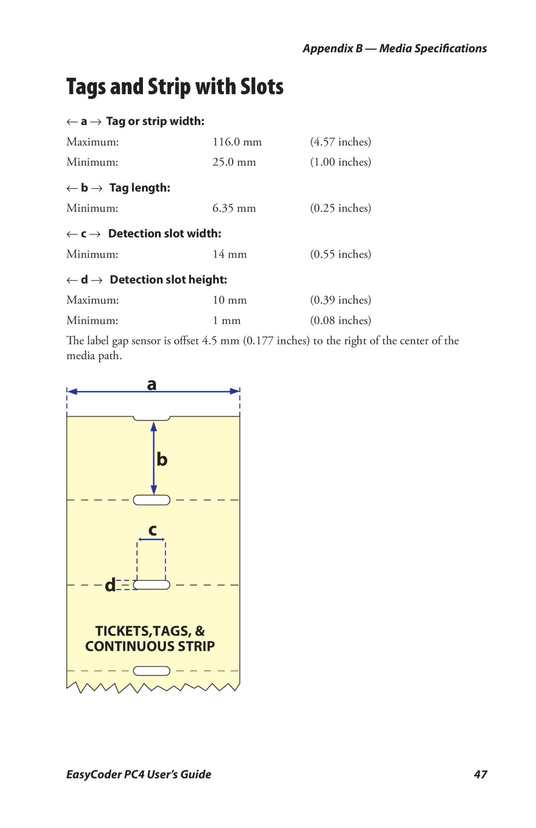 Genicom PC4 manual Tags and Strip with Slots, ← a → Tag or strip width, ← b → Tag length, ← c → Detection slot width 