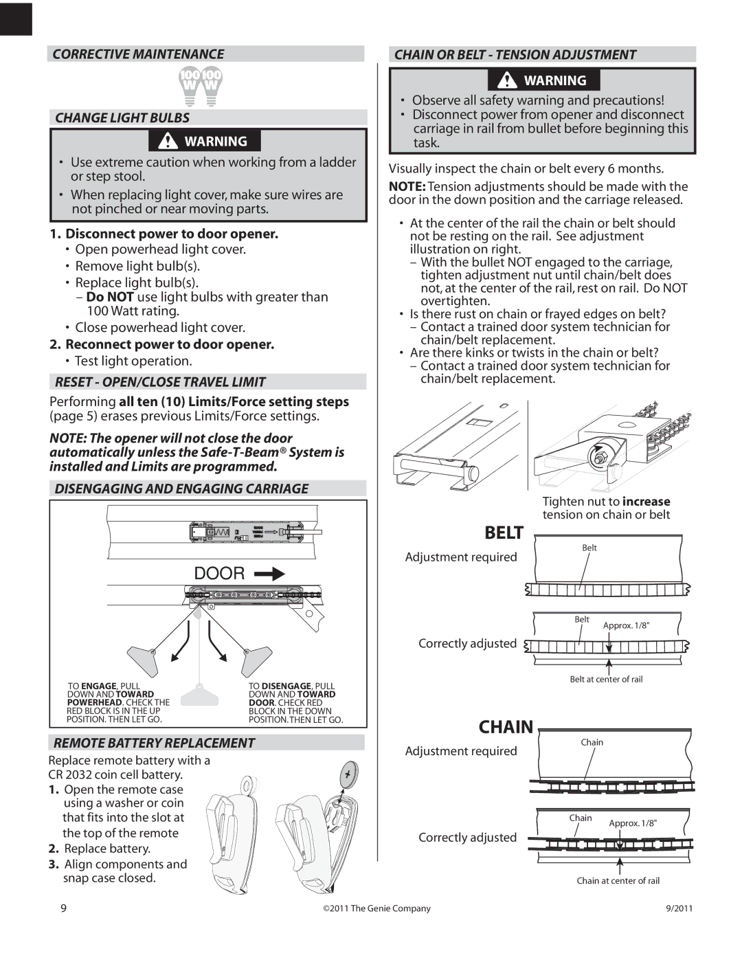 Genie 1000 manual Belt, Chain, Corrective Maintenance Change Light Bulbs, Reset OPEN/CLOSE Travel Limit 